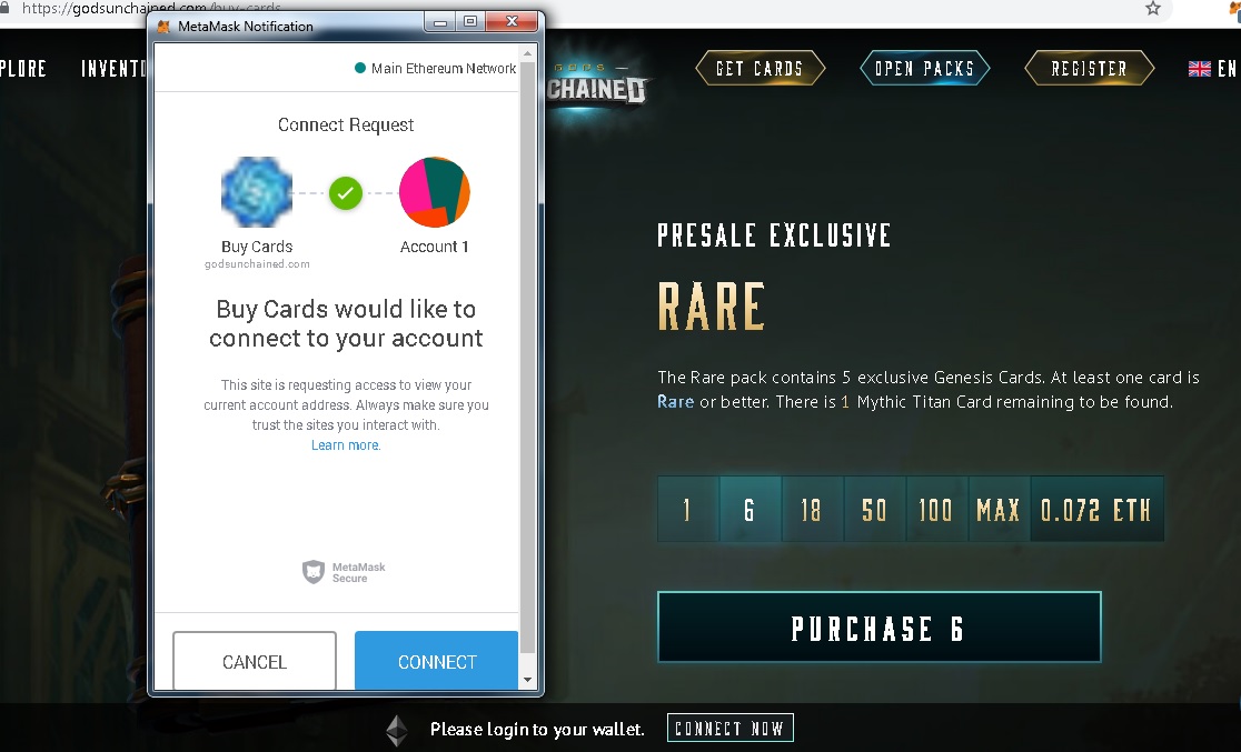 Gods Unchained using MetaMask
